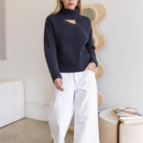 Dark Gray Turtle Neck Button detail Long Sleeve Sweater - Picture 2 of 6